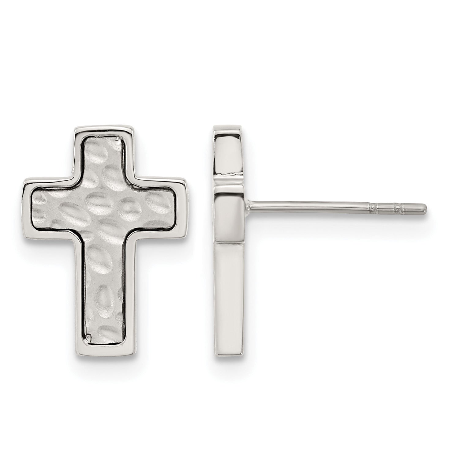 Stainless Steel Polished & Brushed Textured Cross Button Earrings