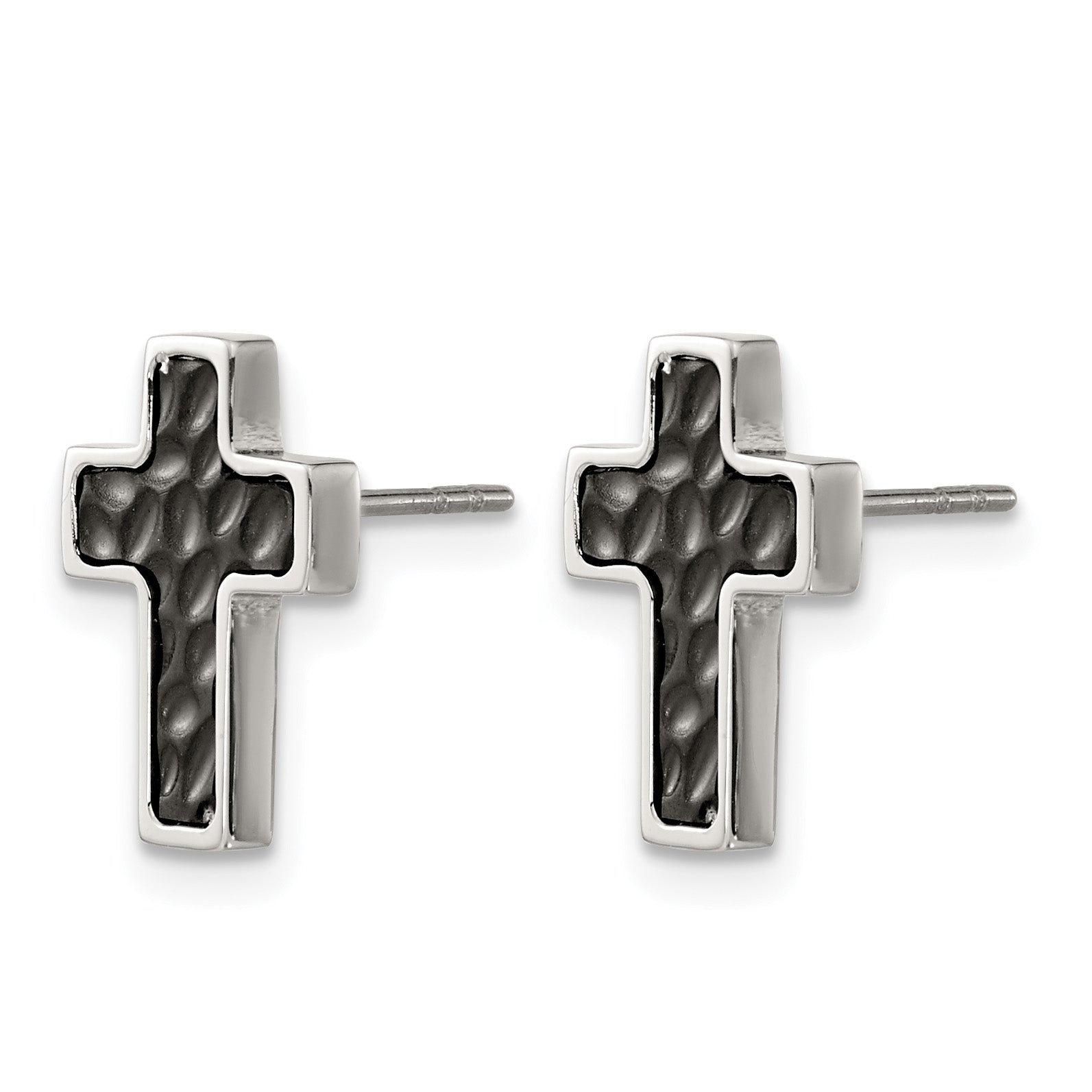Stainless Steel Black Polished & Brushed Textured Cross Button Earrings