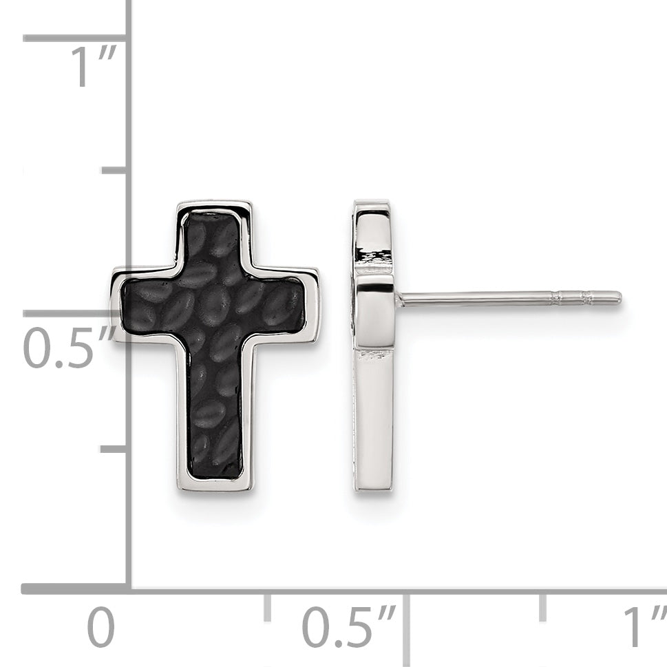 Stainless Steel Black Polished & Brushed Textured Cross Button Earrings