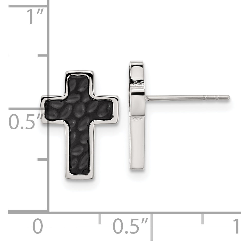 Chisel Stainless Steel Brushed Polished and Textured Black IP-plated Cross Post Earrings