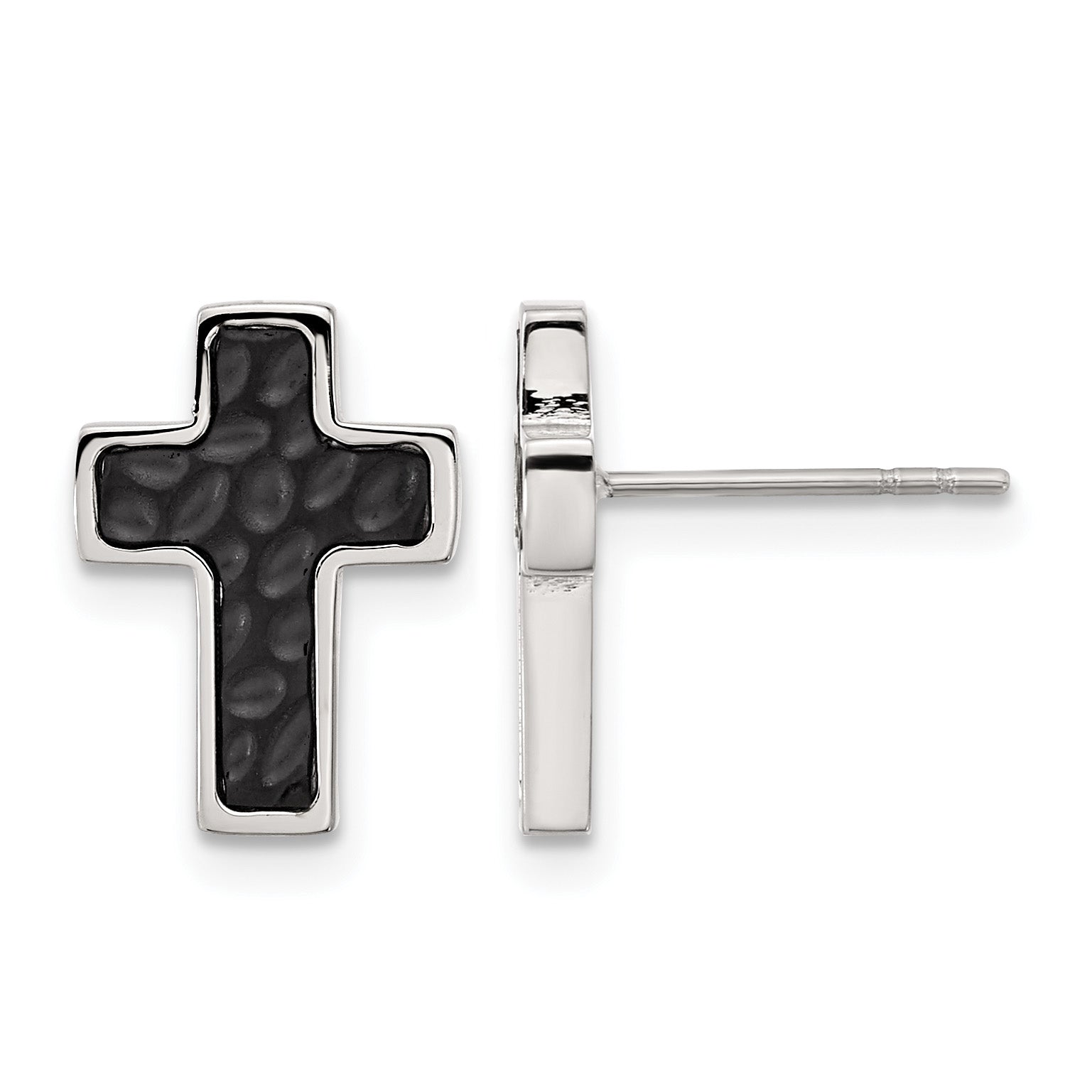 Stainless Steel Black Polished & Brushed Textured Cross Button Earrings Main image