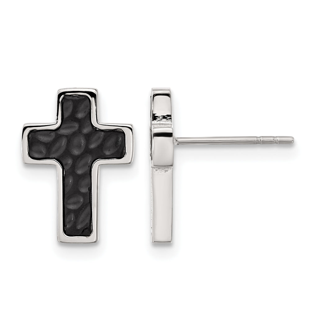 Stainless Steel Black Polished & Brushed Textured Cross Button Earrings