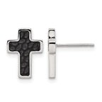 Stainless Steel Black Polished & Brushed Textured Cross Button Earrings