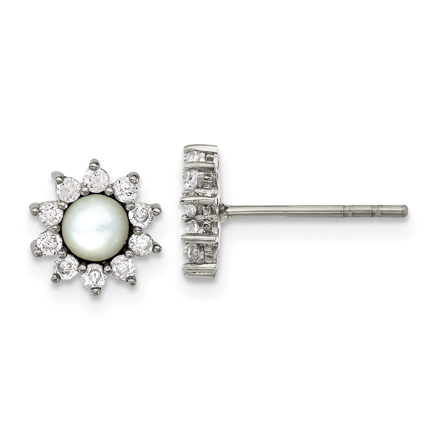 Chisel Stainless Steel Polished Mother of Pearl and CZ Post Earrings Main image