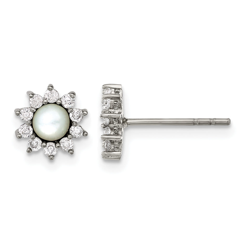 Stainless Steel Polished Pear Cubic Zirconia Button Earrings for Women