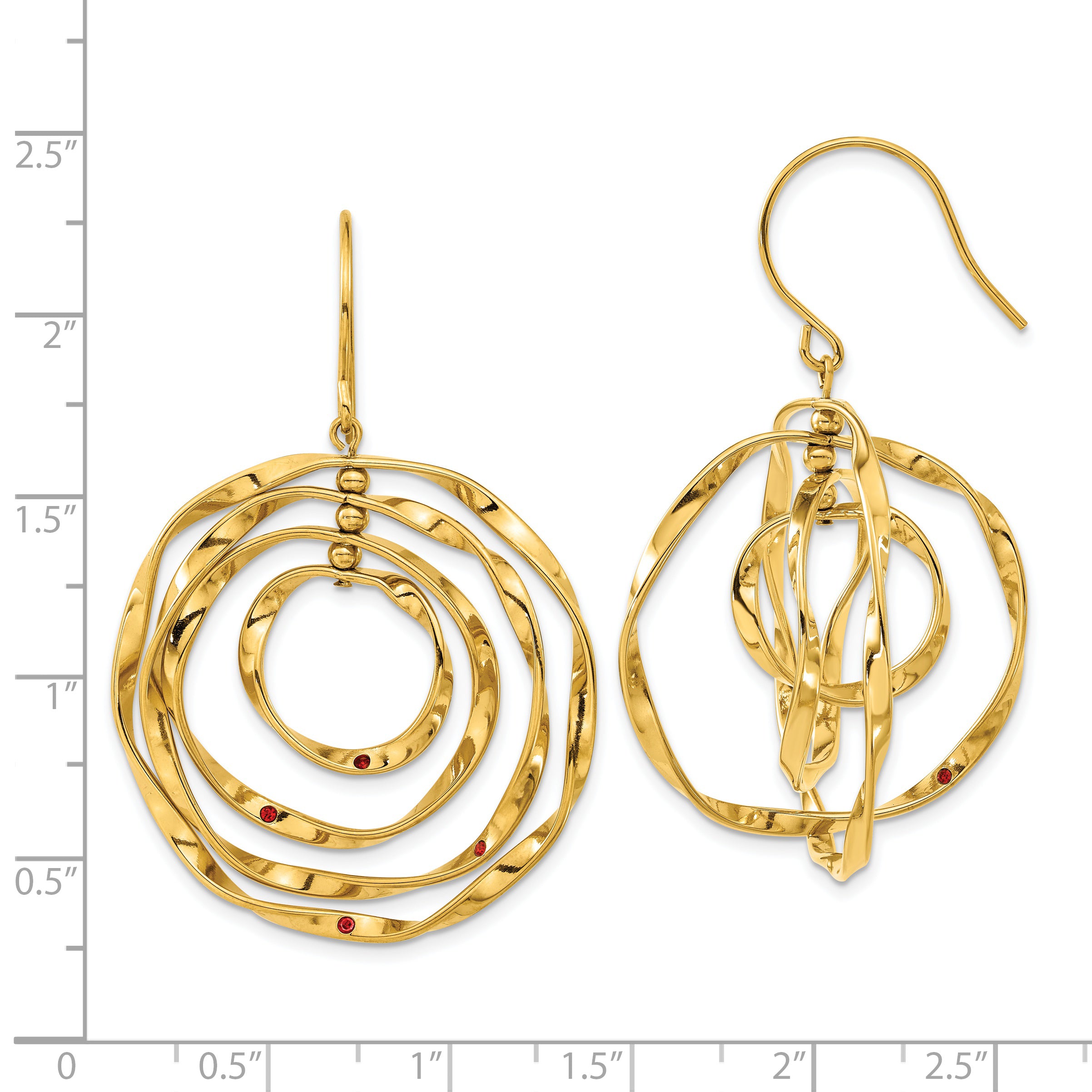 Chisel Stainless Steel Polished Yellow IP-plated with Red Preciosa Crystal Wavy Dangle Shepherd Hook Earrings