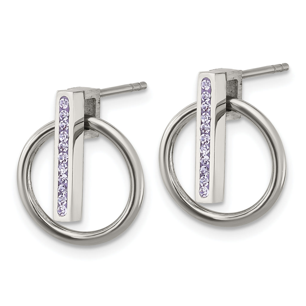 Chisel Stainless Steel Polished with Purple Preciosa Crystal Post Dangle Earrings