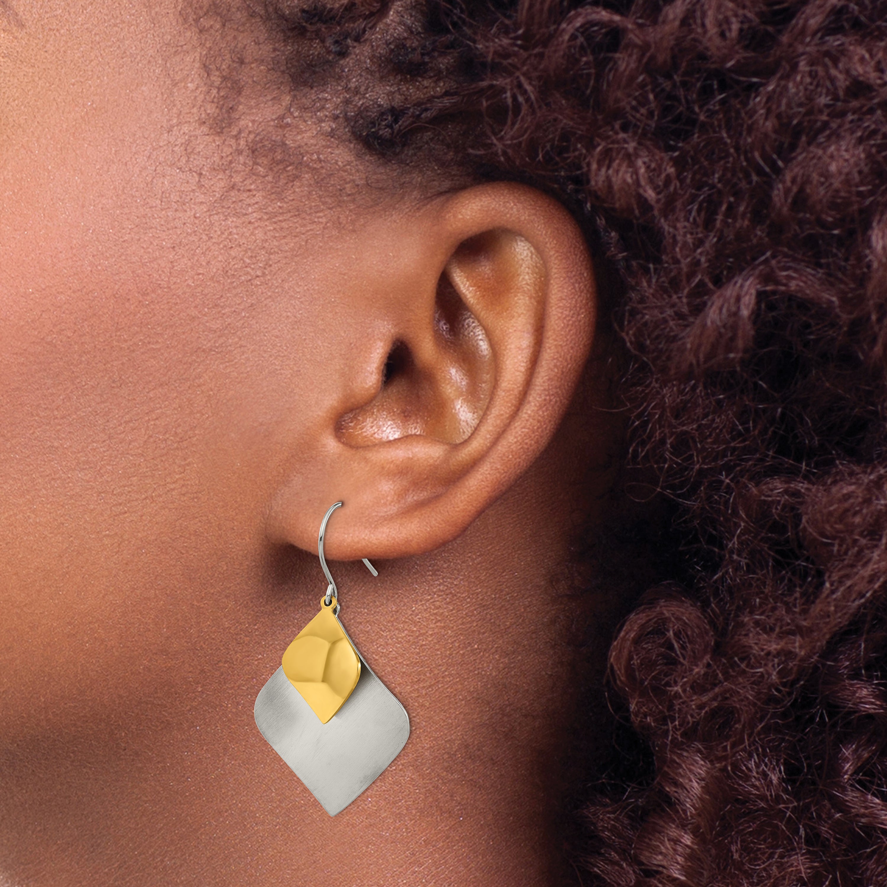 Chisel Stainless Steel Brushed and Polished Yellow IP-plated Dangle Shepherd Hook Earrings