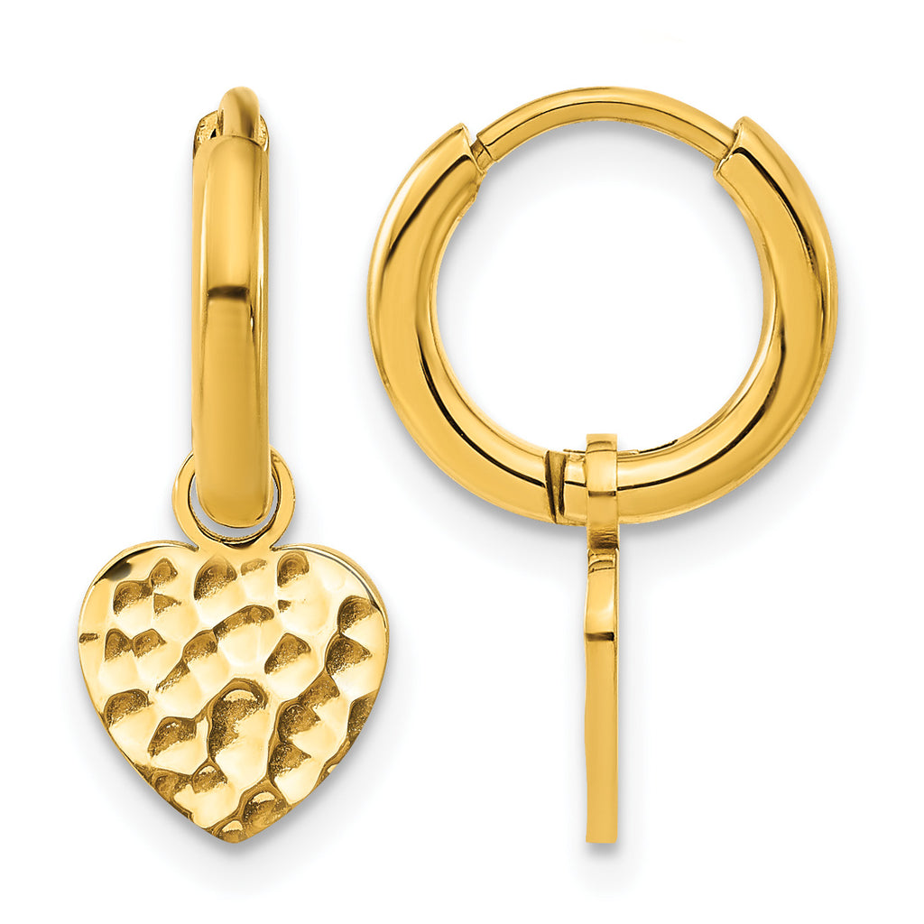 Stainless Steel Gold-Tone Polished Heart Hammered Huggie Hoop Earrings for Women