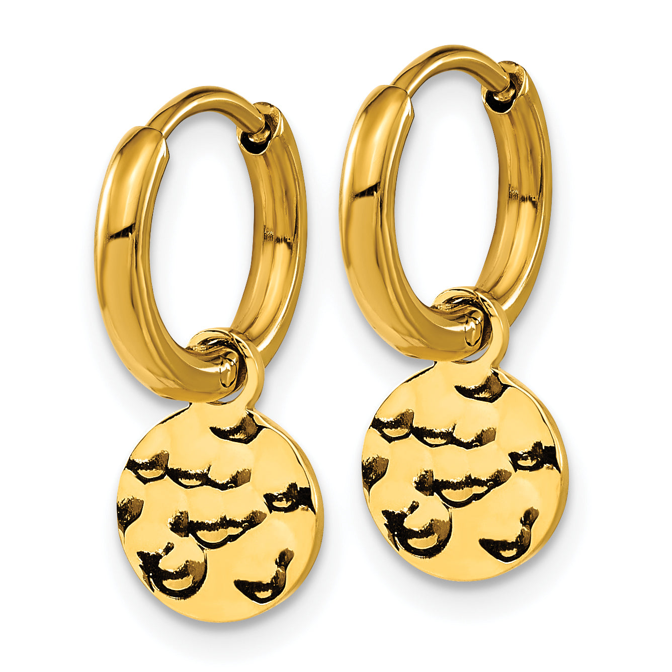 Chisel Stainless Steel Polished Hammered Yellow IP-plated Circle Dangle Hoop Earrings