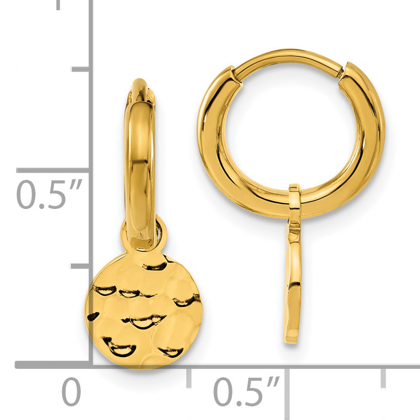 Chisel Stainless Steel Polished Hammered Yellow IP-plated Circle Dangle Hoop Earrings