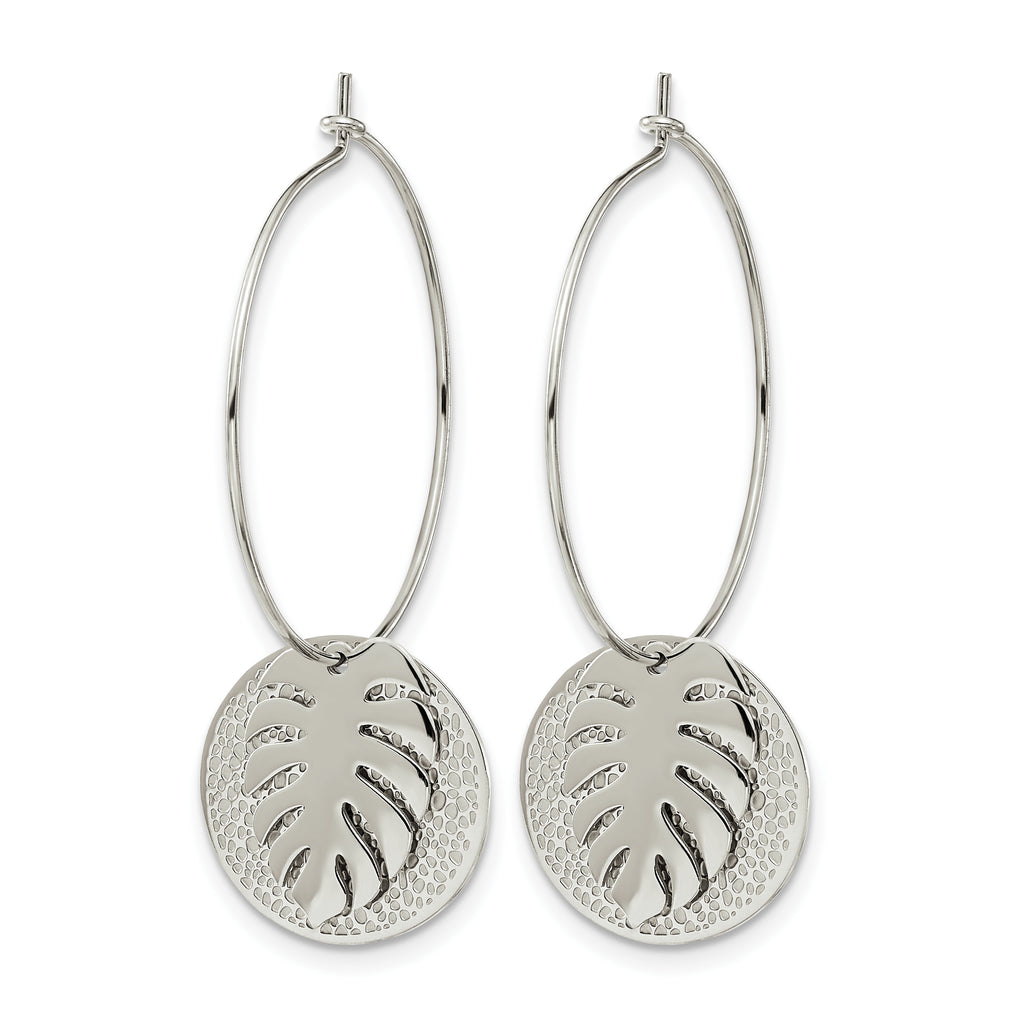 Stainless Steel Polished Textured Leaf Hoop Earrings for Women