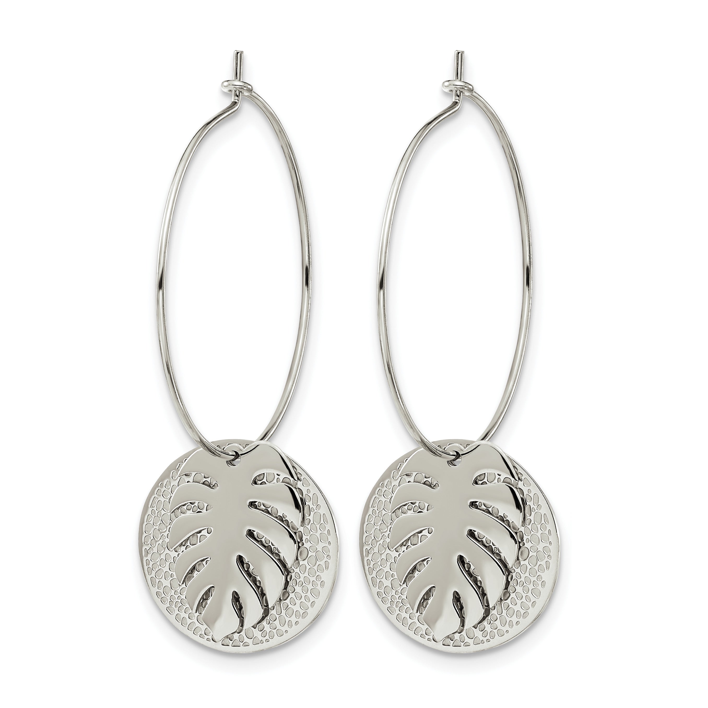 Stainless Steel Polished Textured Leaf Hoop Earrings for Women