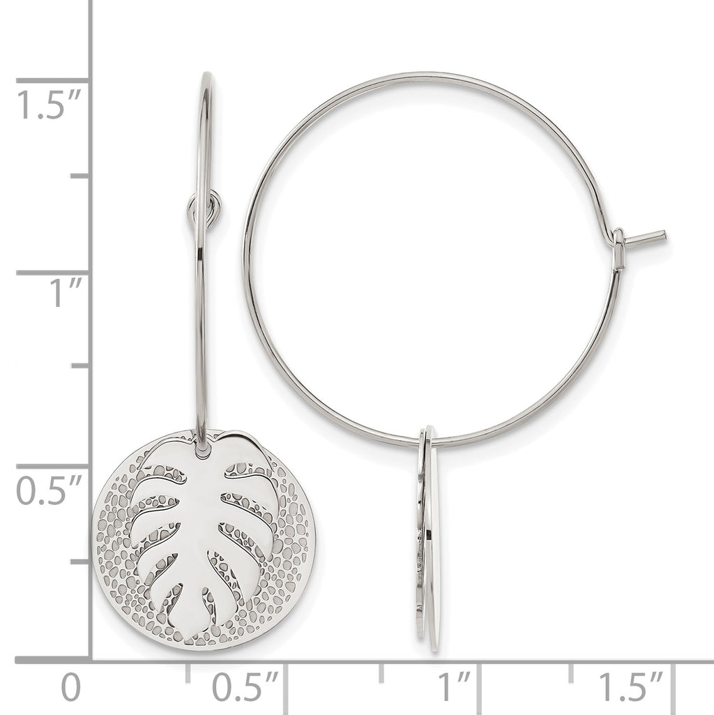Stainless Steel Polished Textured Leaf Hoop Earrings for Women
