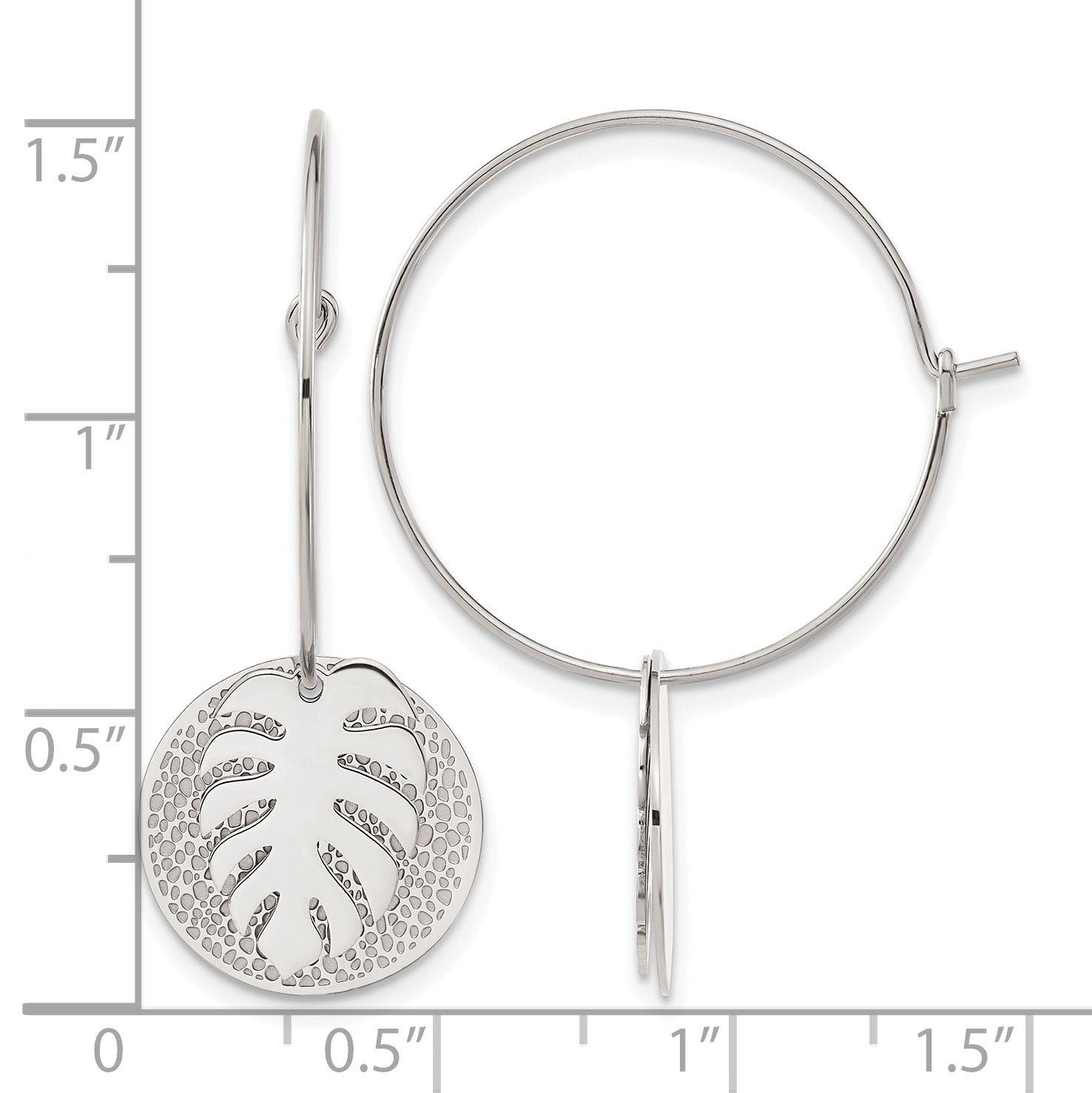 Stainless Steel Polished Textured Leaf Hoop Earrings for Women