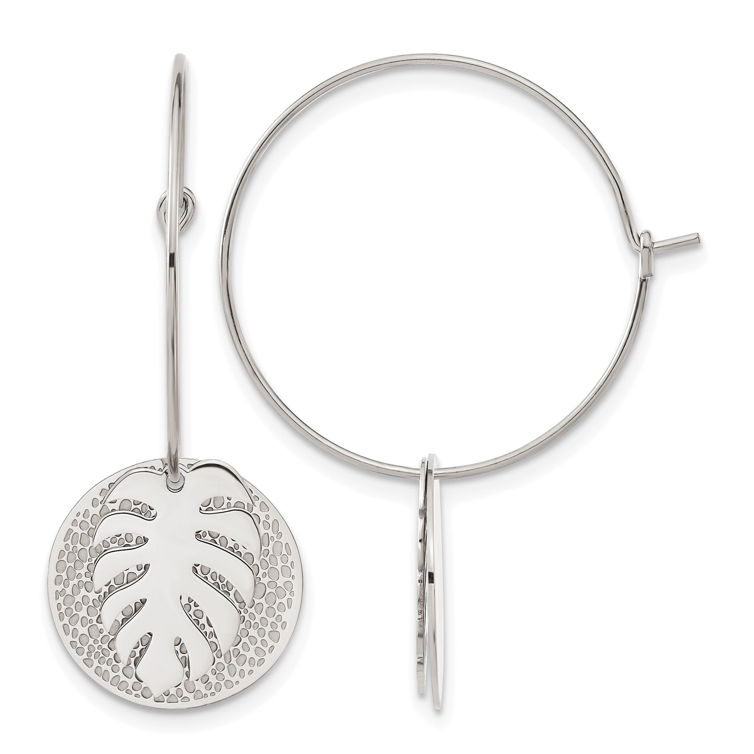 Stainless Steel Polished Textured Leaf Hoop Earrings for Women Main image