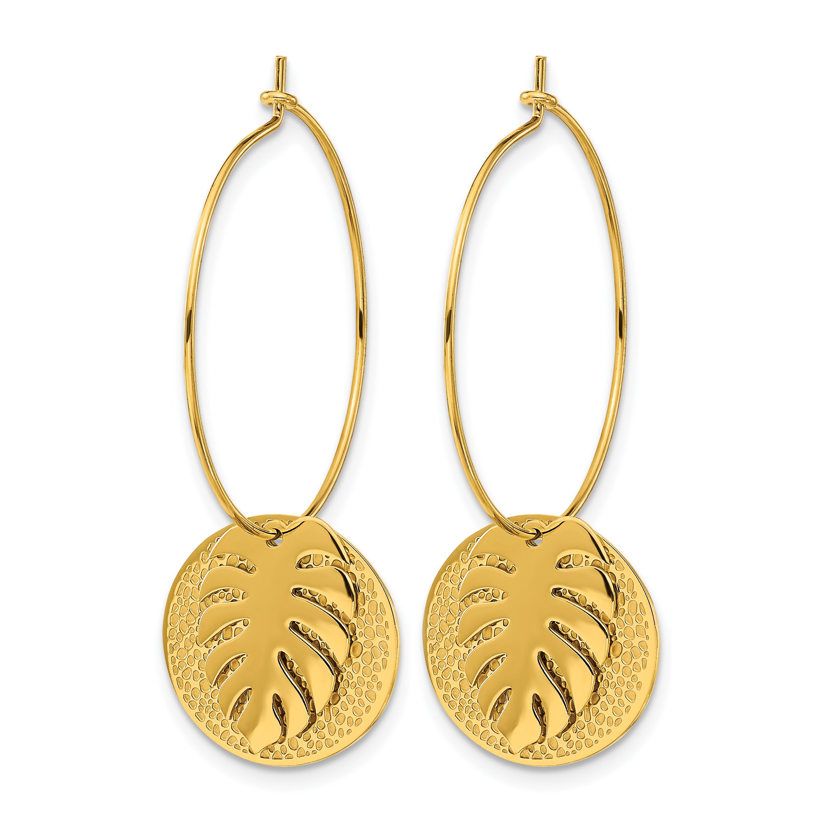Stainless Steel Gold-Tone Polished Textured Leaf Hoop Earrings for Women Secondary image