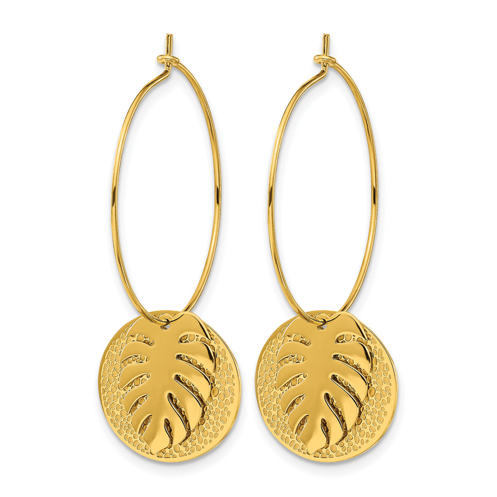 Stainless Steel Gold-Tone Polished Textured Leaf Hoop Earrings for Women