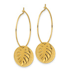 Chisel Stainless Steel Polished Textured Yellow IP-plated Leaf Dangle Hoop Earrings