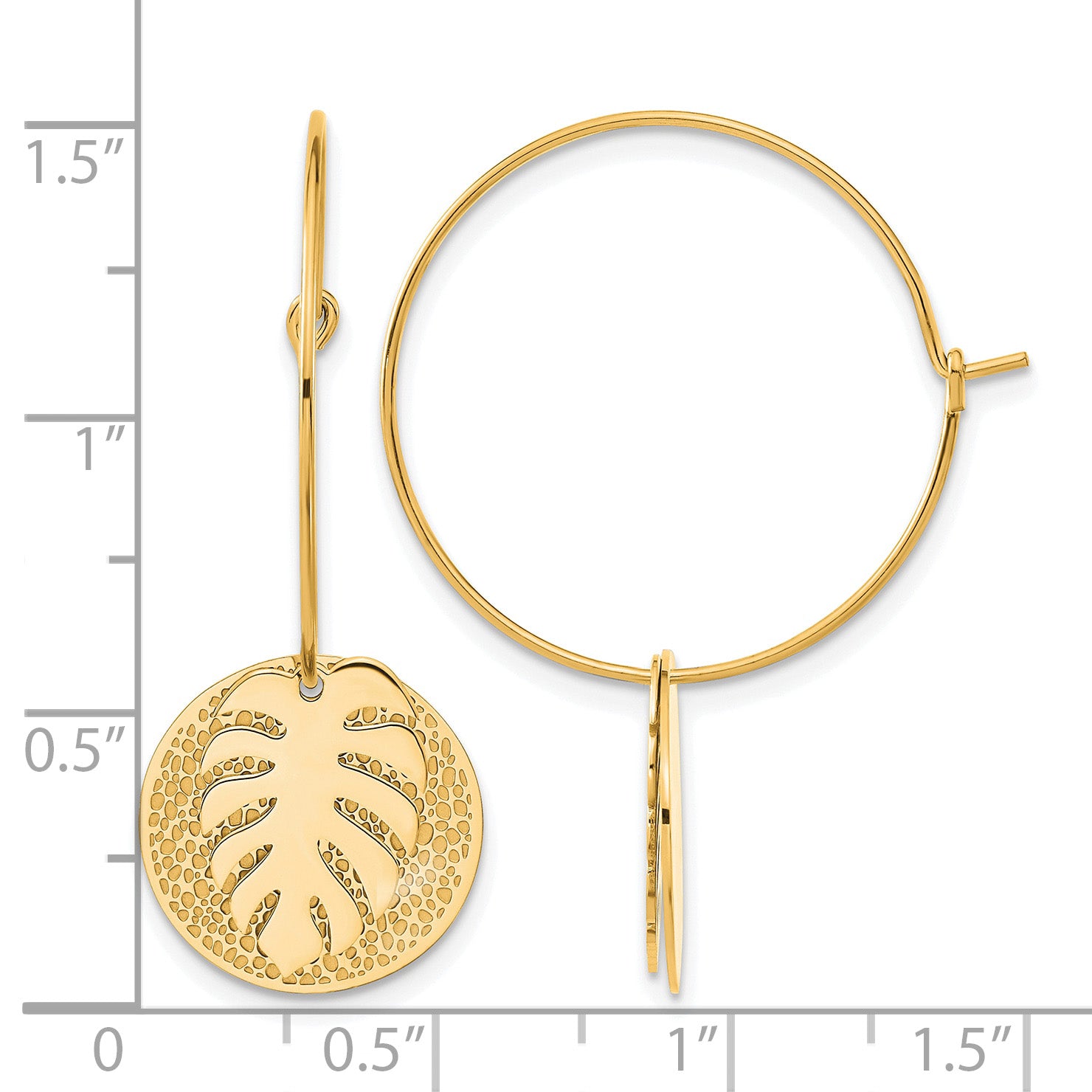 Stainless Steel Gold-Tone Polished Textured Leaf Hoop Earrings for Women