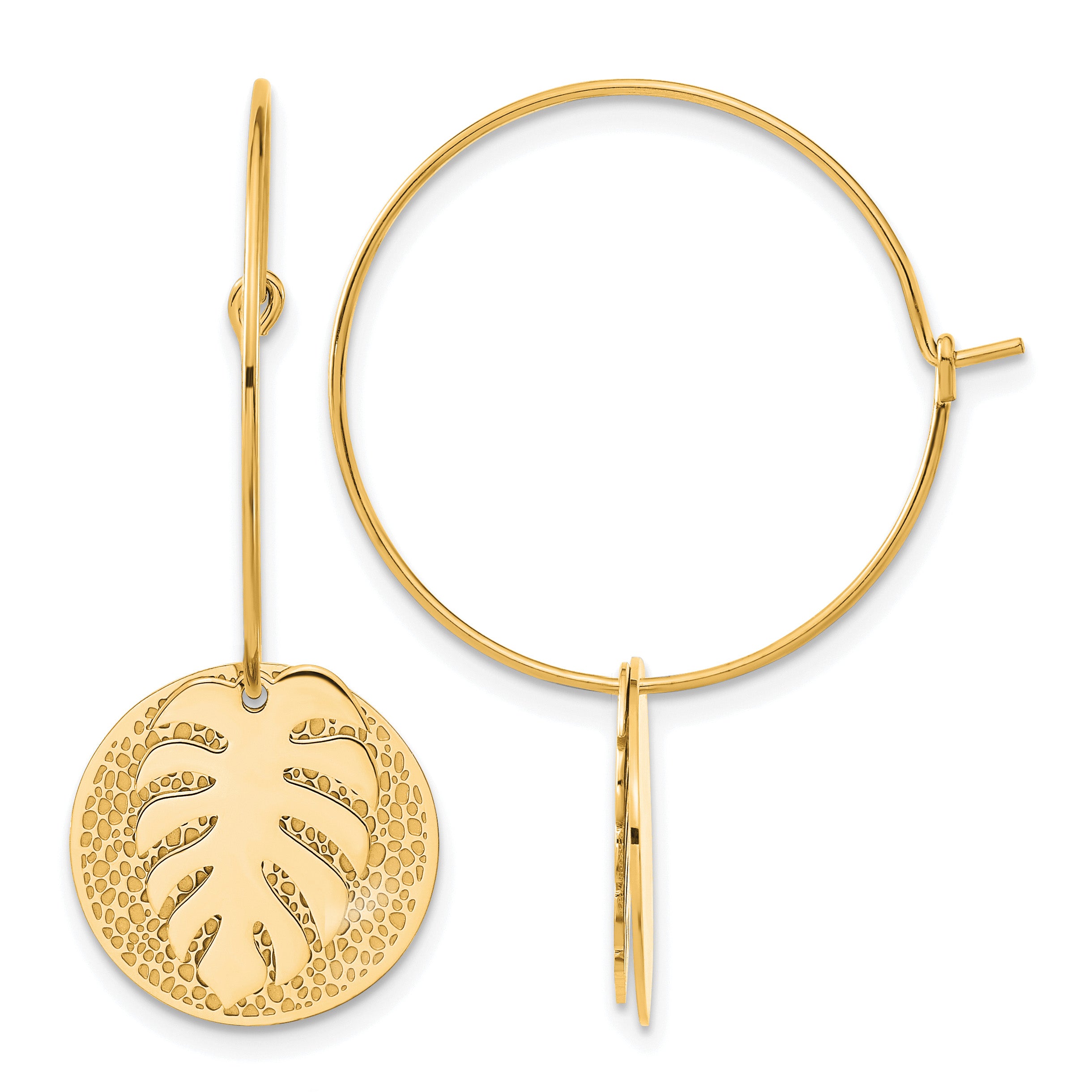 Stainless Steel Gold-Tone Polished Textured Leaf Hoop Earrings for Women