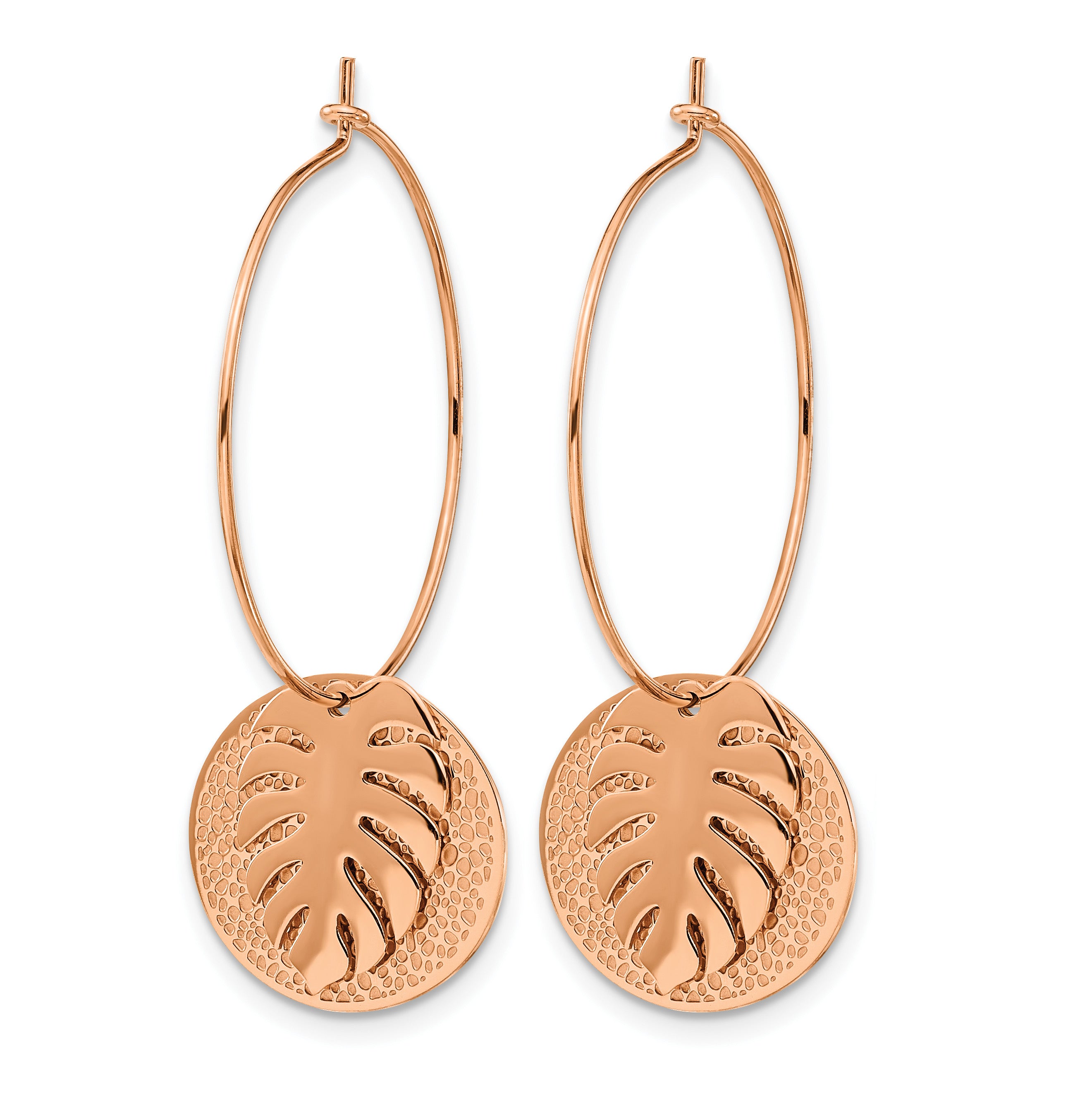 Stainless Steel Rose Gold-Tone Polished Textured Leaf Hoop Earrings for Women Secondary image