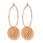 Stainless Steel Rose Gold-Tone Polished Textured Leaf Hoop Earrings for Women