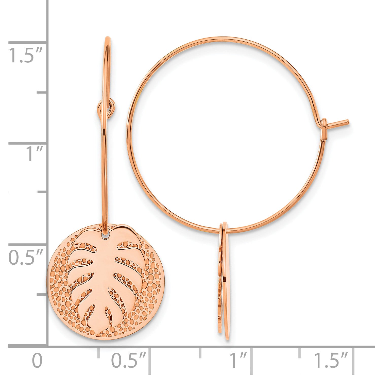 Stainless Steel Rose Gold-Tone Polished Textured Leaf Hoop Earrings for Women