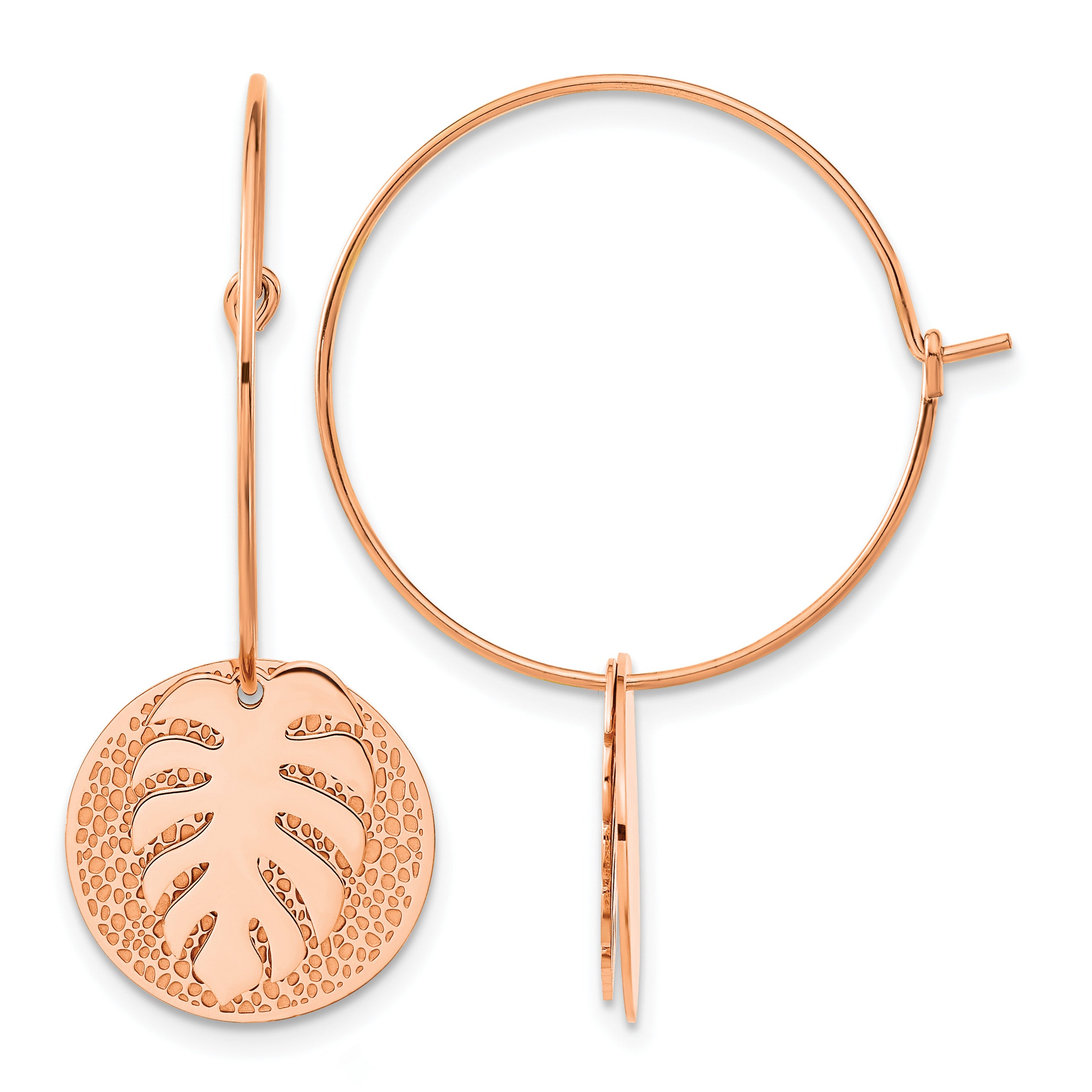 Stainless Steel Rose Gold-Tone Polished Textured Leaf Hoop Earrings for Women Main image