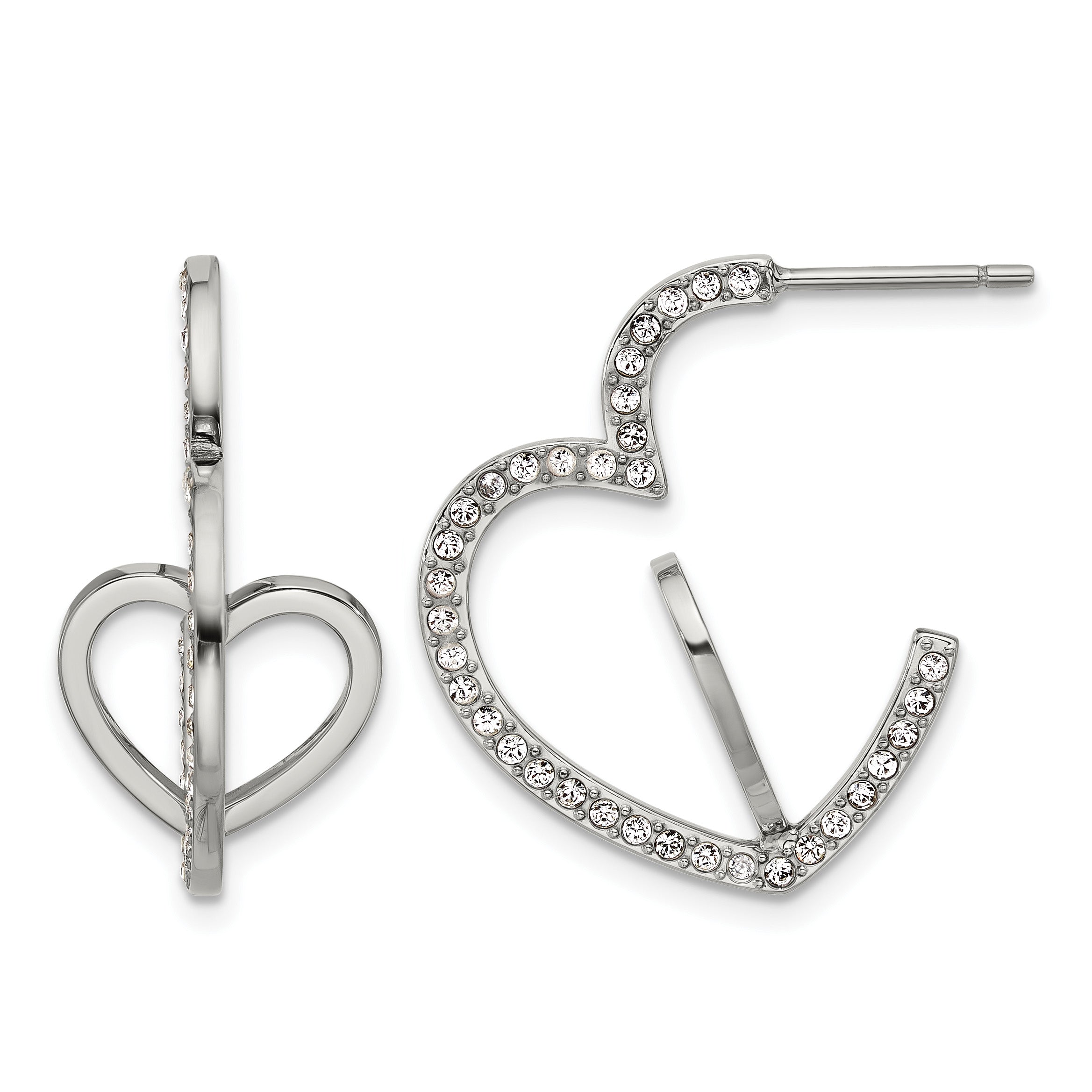 Polished Crystal Heart Stainless Steel Hoop Earrings 12.5mm