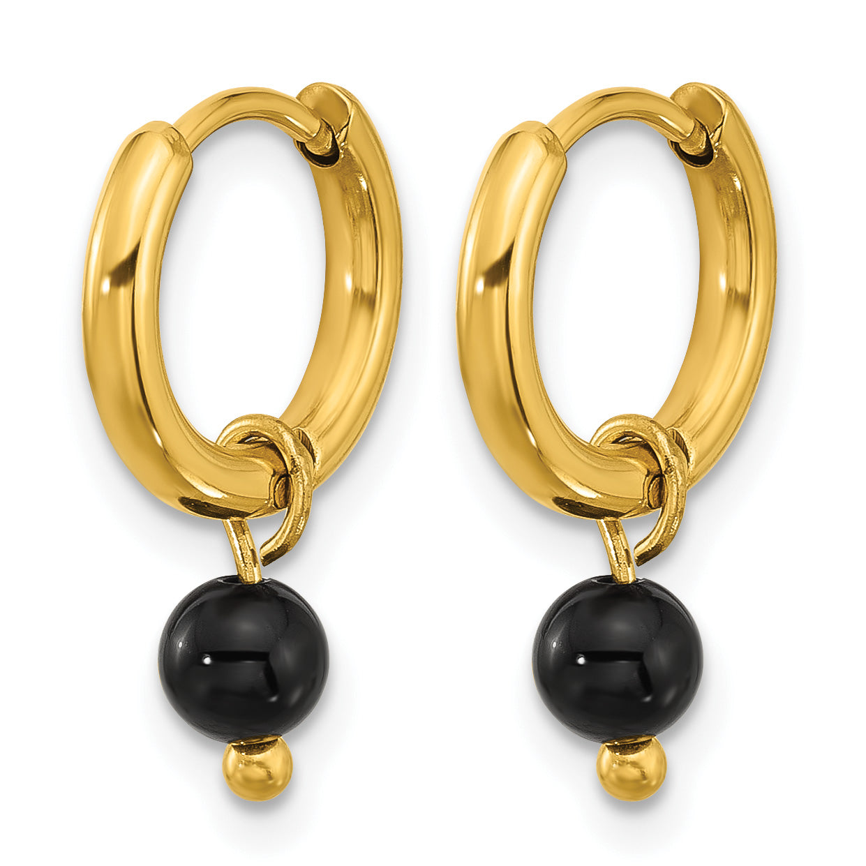 Stainless Steel Gold-Tone Polished Hinged Black Agate Hoop Earrings for Women