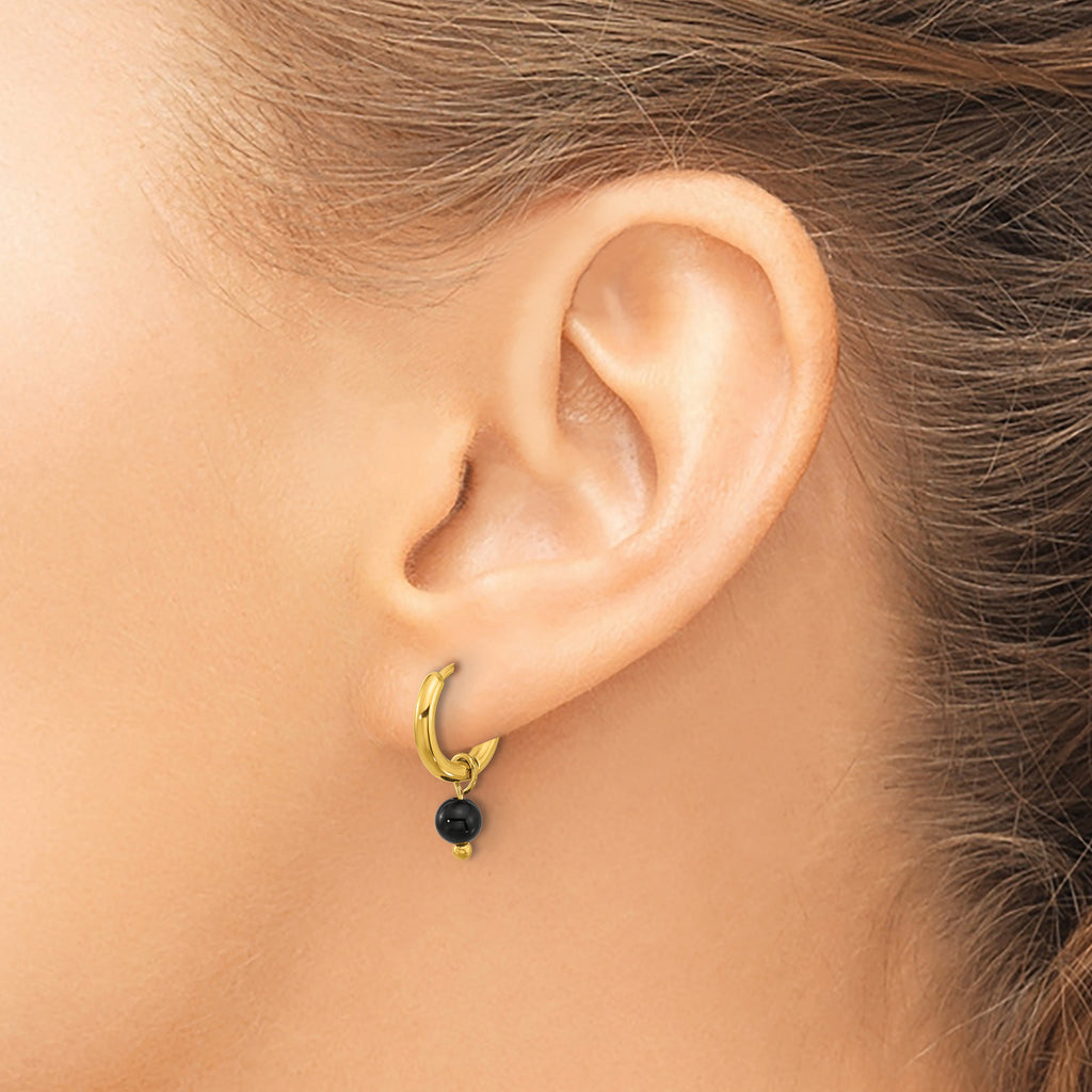 Stainless Steel Gold-Tone Polished Hinged Black Agate Hoop Earrings for Women