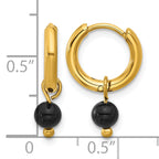 Stainless Steel Gold-Tone Polished Hinged Black Agate Hoop Earrings for Women