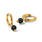 Stainless Steel Gold-Tone Polished Hinged Black Agate Hoop Earrings for Women