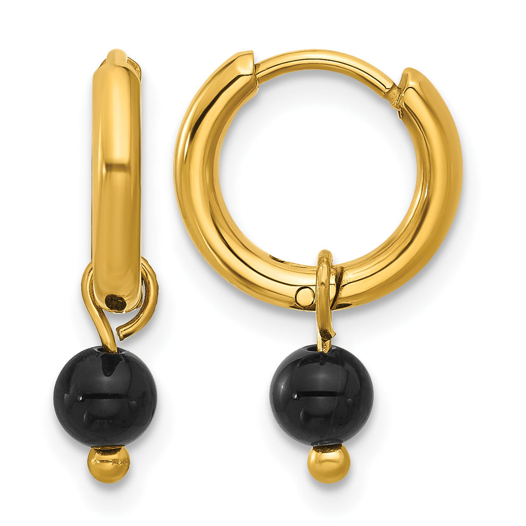 Stainless Steel Gold-Tone Polished Hinged Black Agate Hoop Earrings for Women