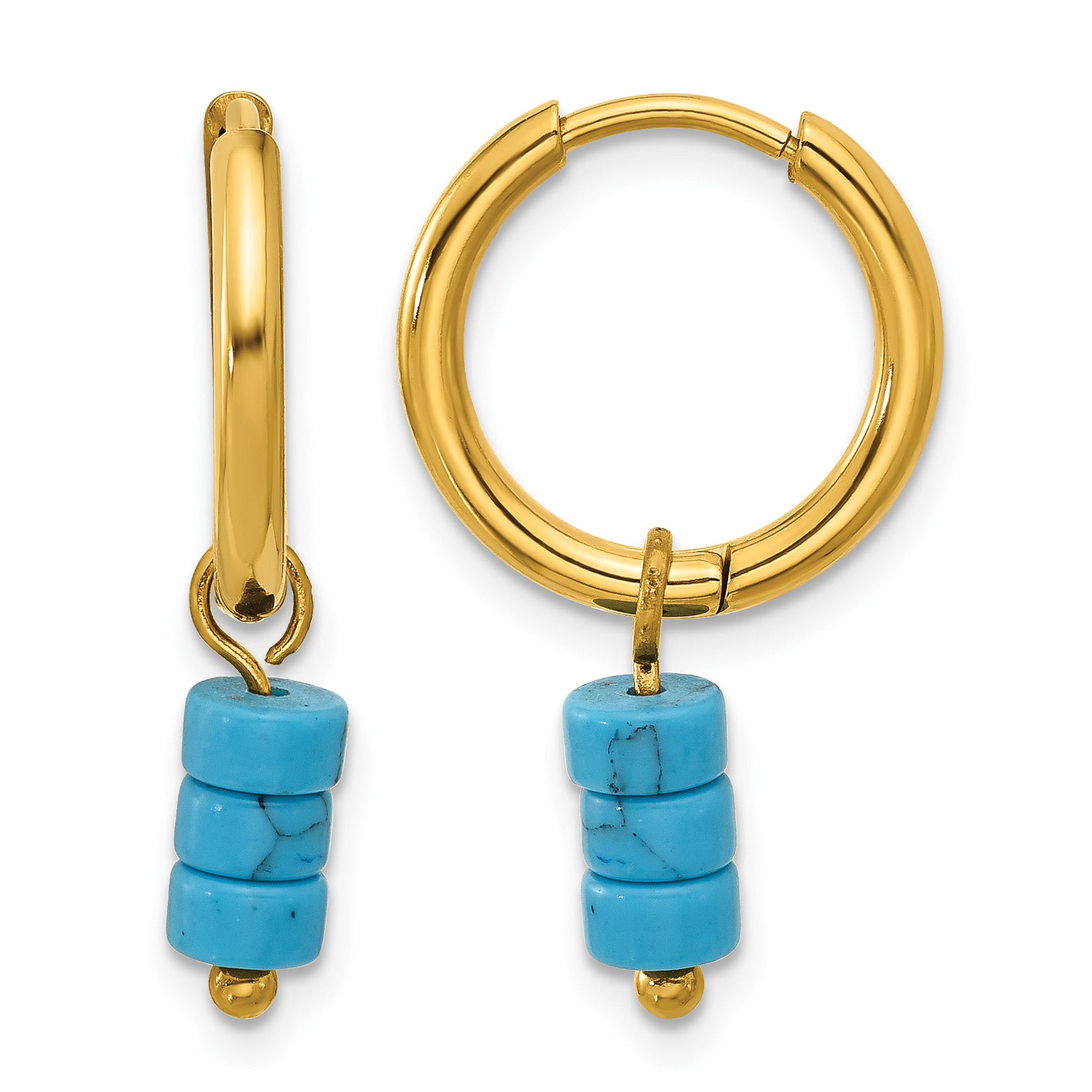 Gold-Tone Polished Blue Synthetic Turquoise Stainless Steel Hoop Earrings 4.5mm Main image