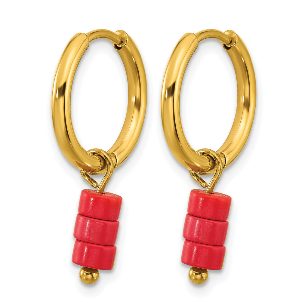 Gold-Tone Polished Red Jade Stainless Steel Hoop Earrings 4.5mm