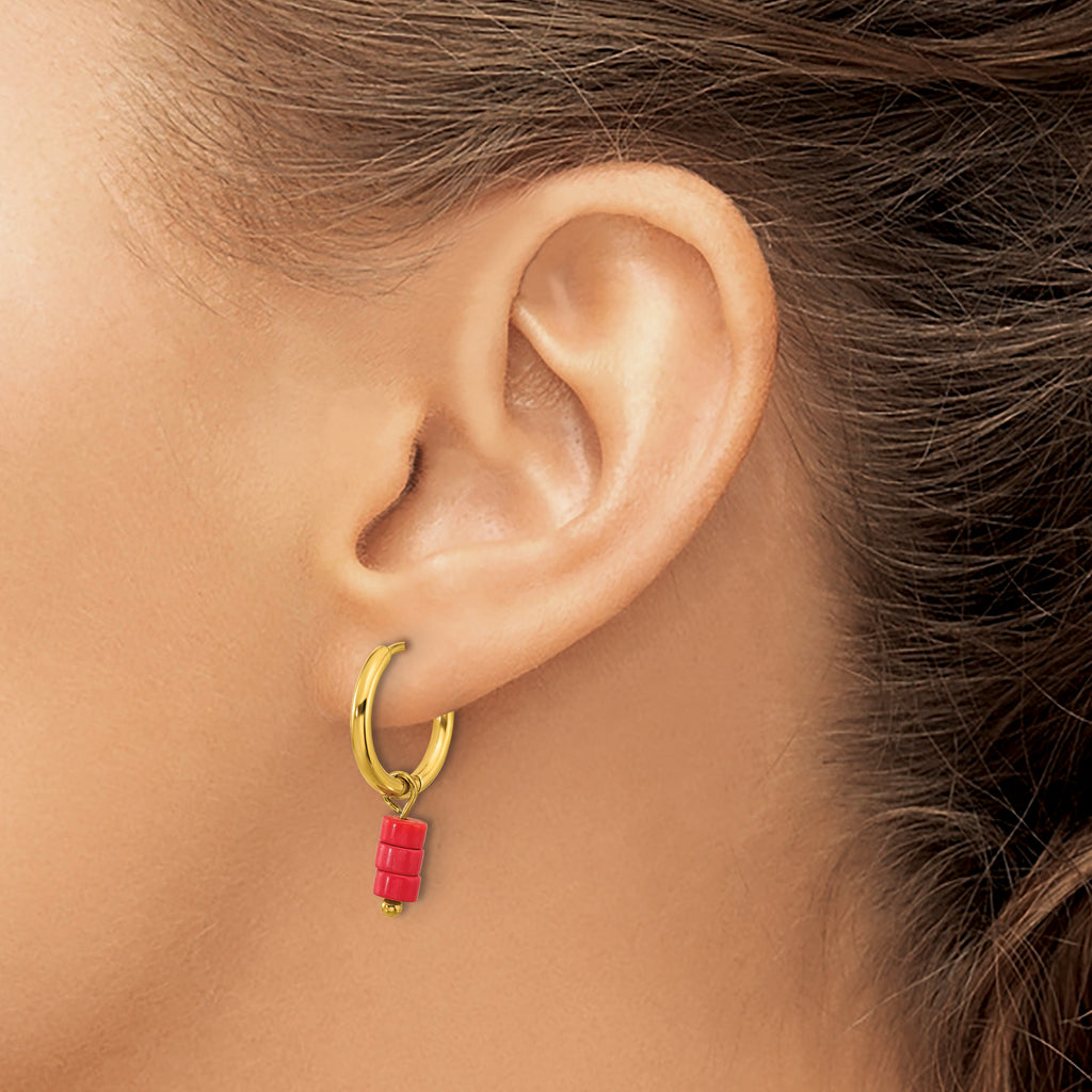 Gold-Tone Polished Red Jade Stainless Steel Hoop Earrings 4.5mm
