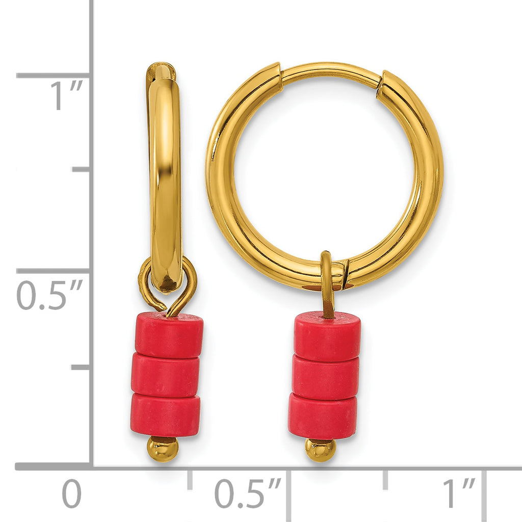 Gold-Tone Polished Red Jade Stainless Steel Hoop Earrings 4.5mm