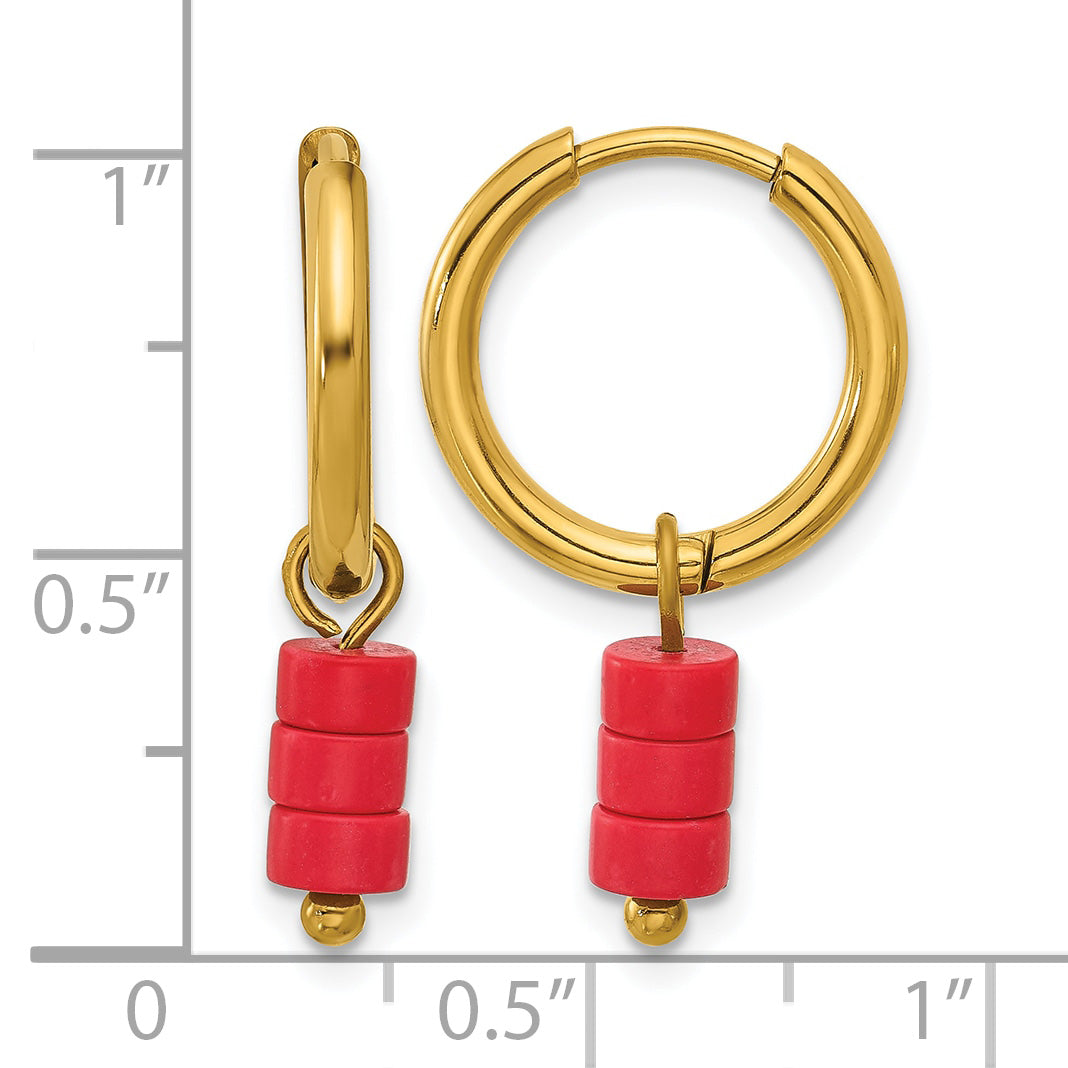 Gold-Tone Polished Red Jade Stainless Steel Hoop Earrings 4.5mm