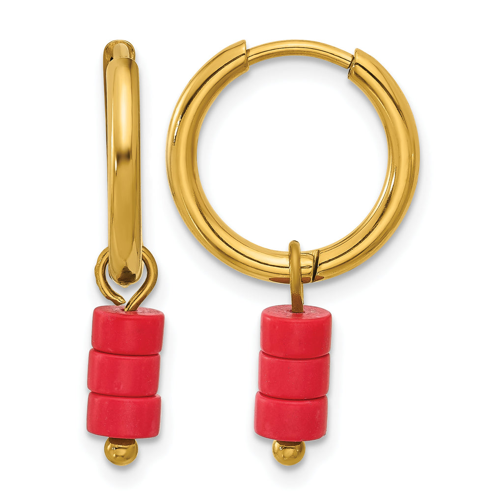 Gold-Tone Polished Red Jade Stainless Steel Hoop Earrings 4.5mm