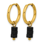 Stainless Steel Gold-Tone Polished Hinged Black Agate Hoop Earrings for Women
