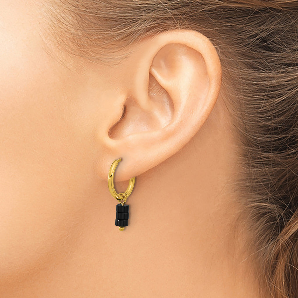 Stainless Steel Gold-Tone Polished Hinged Black Agate Hoop Earrings for Women