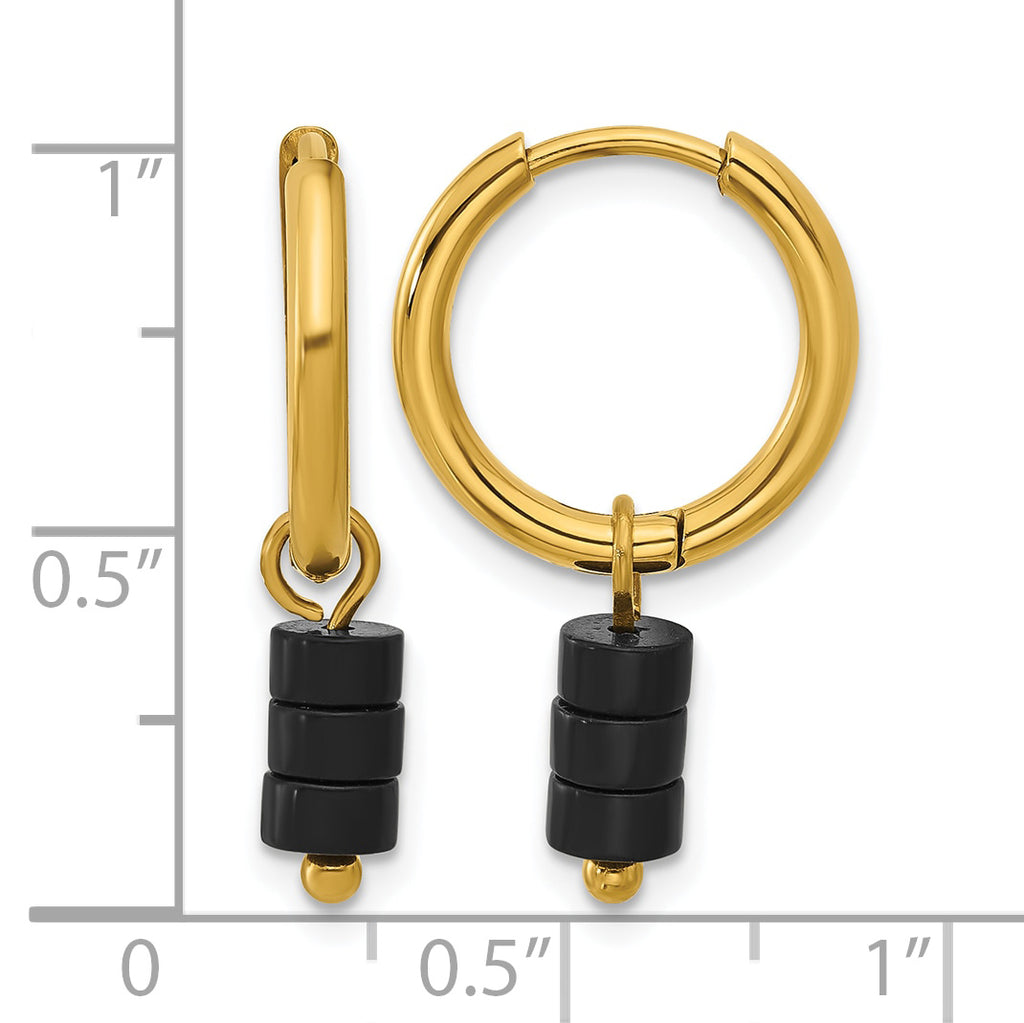 Stainless Steel Gold-Tone Polished Hinged Black Agate Hoop Earrings for Women