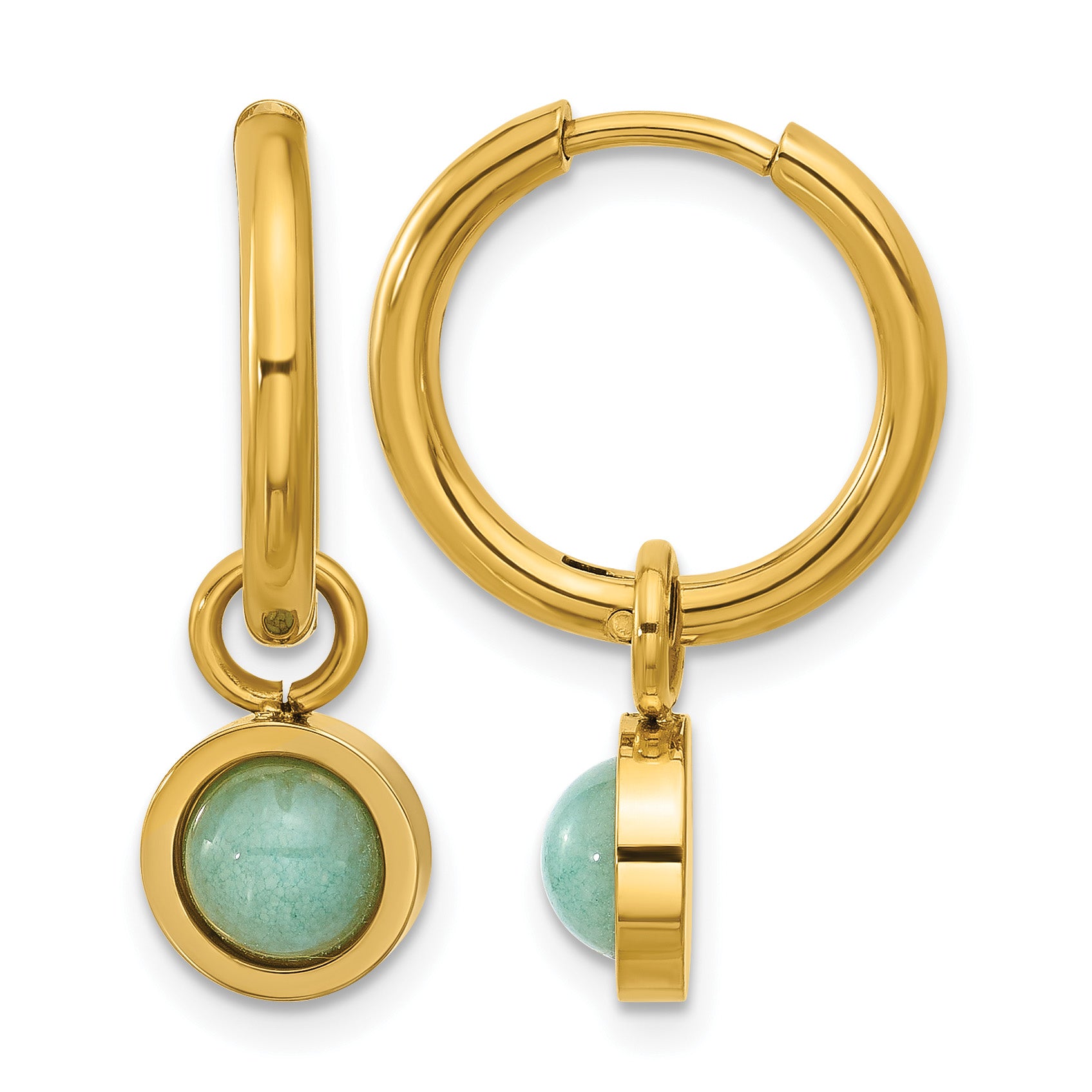 Gold-Tone Polished Green Jade Stainless Steel Hoop Earrings 8mm