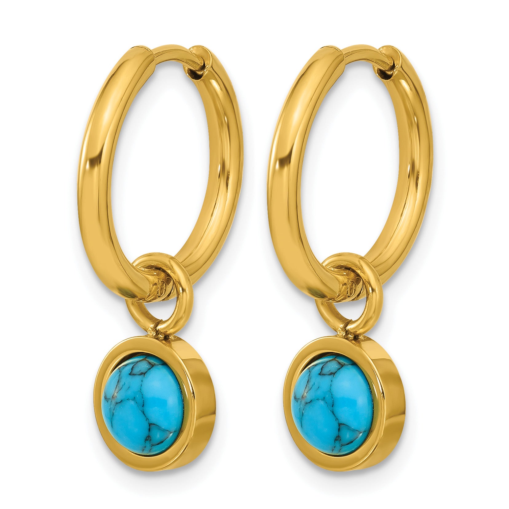 Gold-Tone Polished Blue Synthetic Turquoise Stainless Steel Hoop Earrings 8mm Secondary image