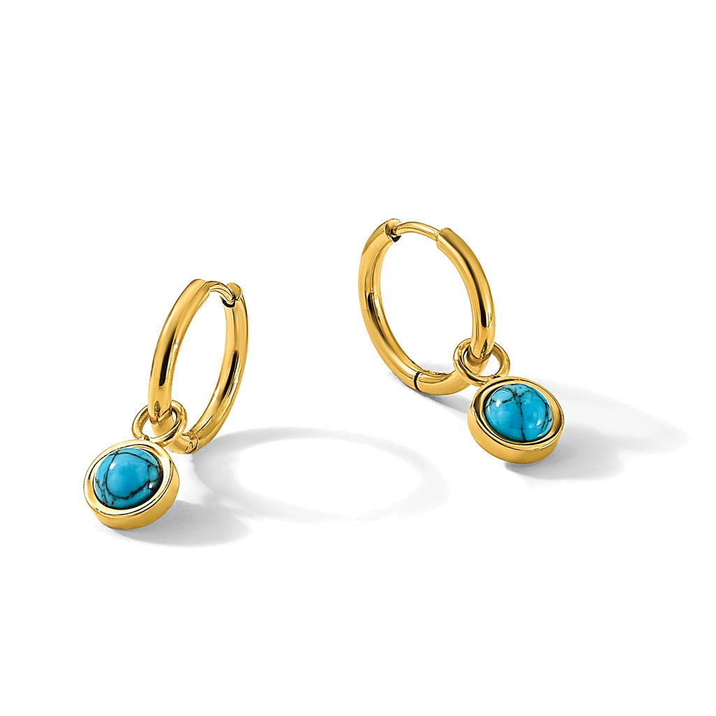 Gold-Tone Polished Blue Synthetic Turquoise Stainless Steel Hoop Earrings 8mm