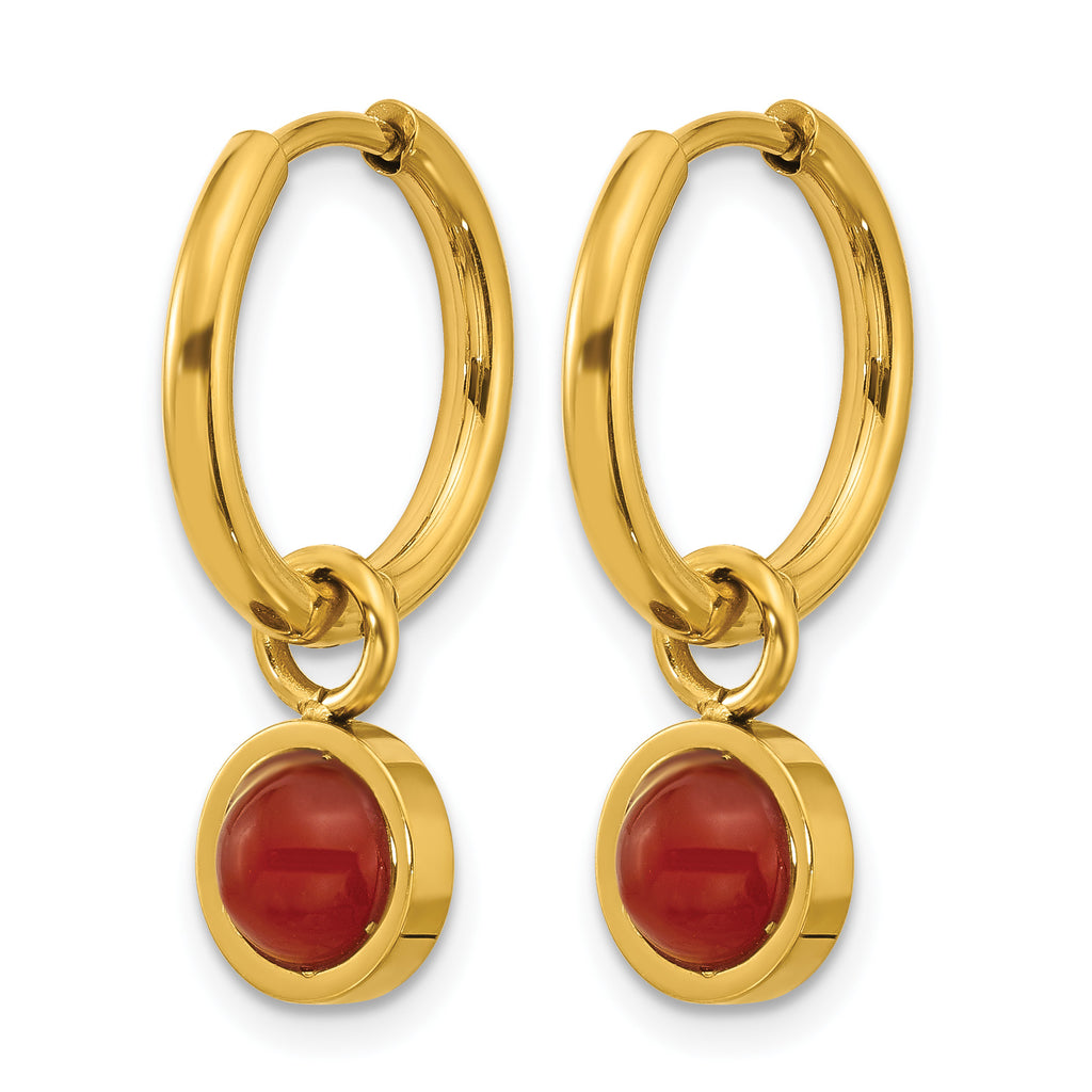 Gold-Tone Polished Red Jade Stainless Steel Hoop Earrings 8mm