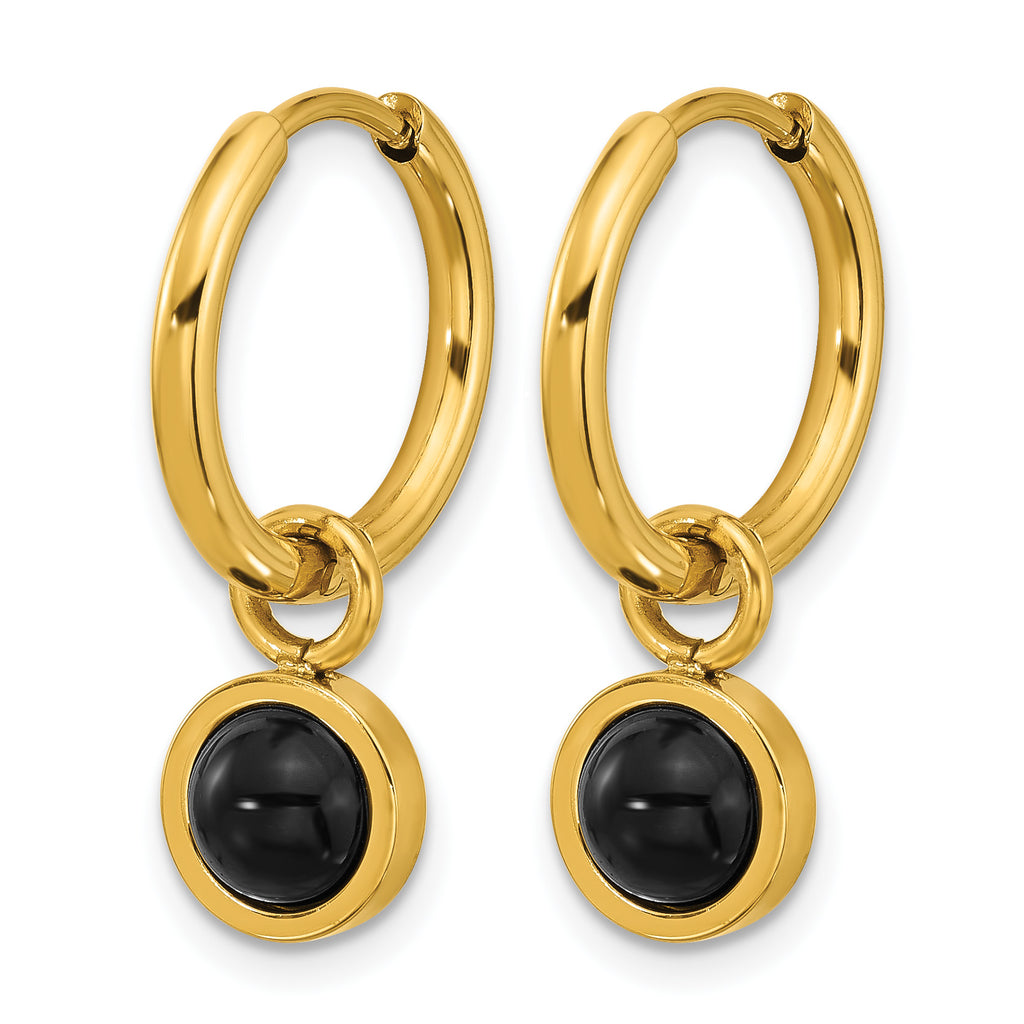 Stainless Steel Gold-Tone Polished Hinged Black Agate Hoop Earrings for Women