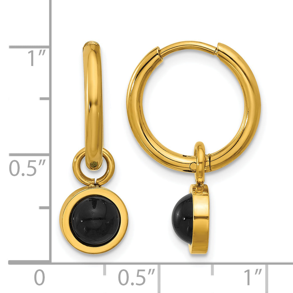 Stainless Steel Gold-Tone Polished Hinged Black Agate Hoop Earrings for Women